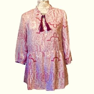 Como Vintage tie neck empire 3/4 Sleeve Top Womens Small red white